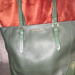 Michael Kors Dark Green Leather Pebbled Tote with Gold Hardware